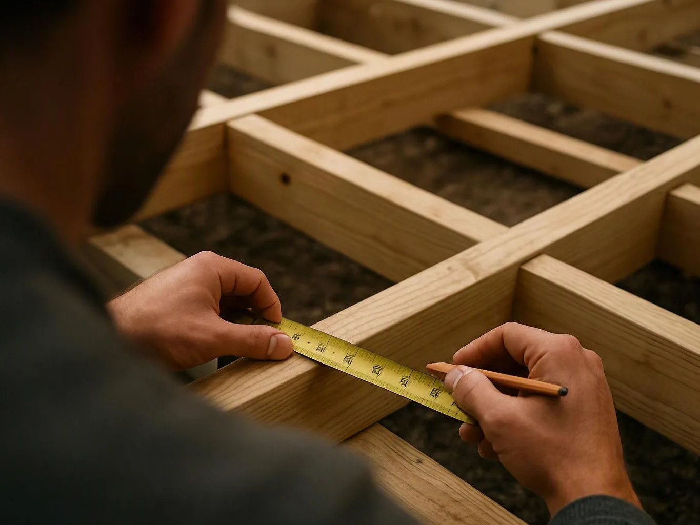 A person measures wooden beams with a tape while holding a pencil over a frame structure