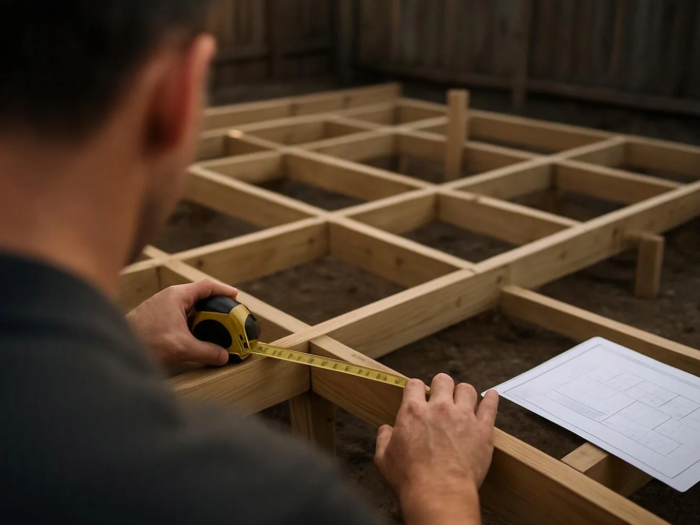 A person measures a wooden foundation frame with a tape measure beside a floor plan on dirt ground