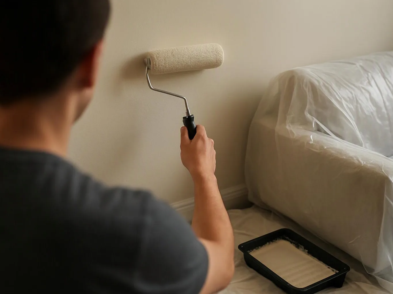 A person paints a beige wall with a roller beside a covered sofa indoors