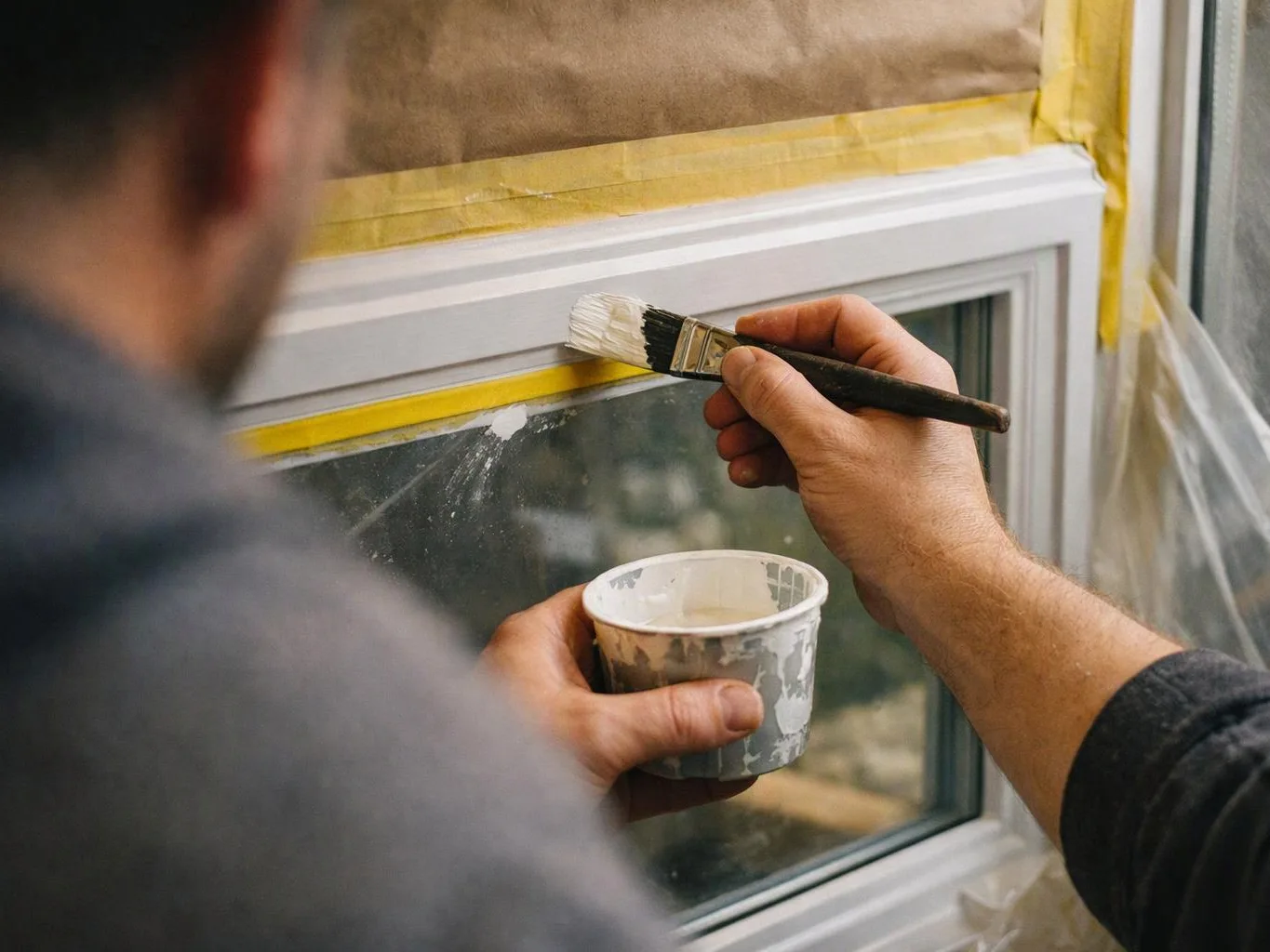 A person paints a taped window frame with a brush while holding a small paint cup