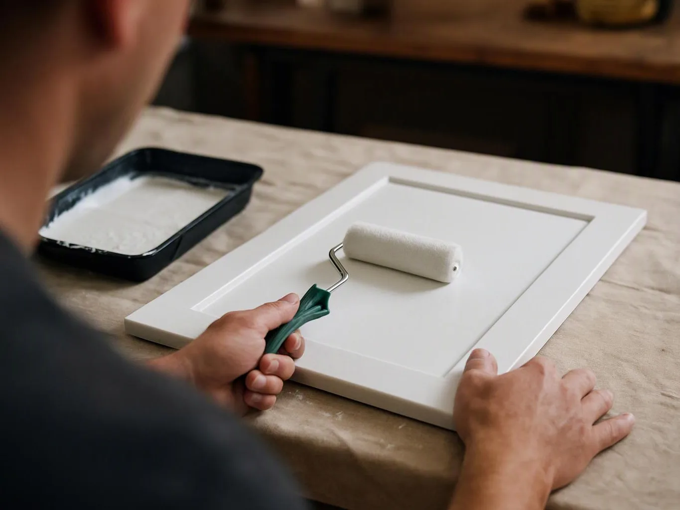 A person paints a white cabinet door with a roller on a covered worktable