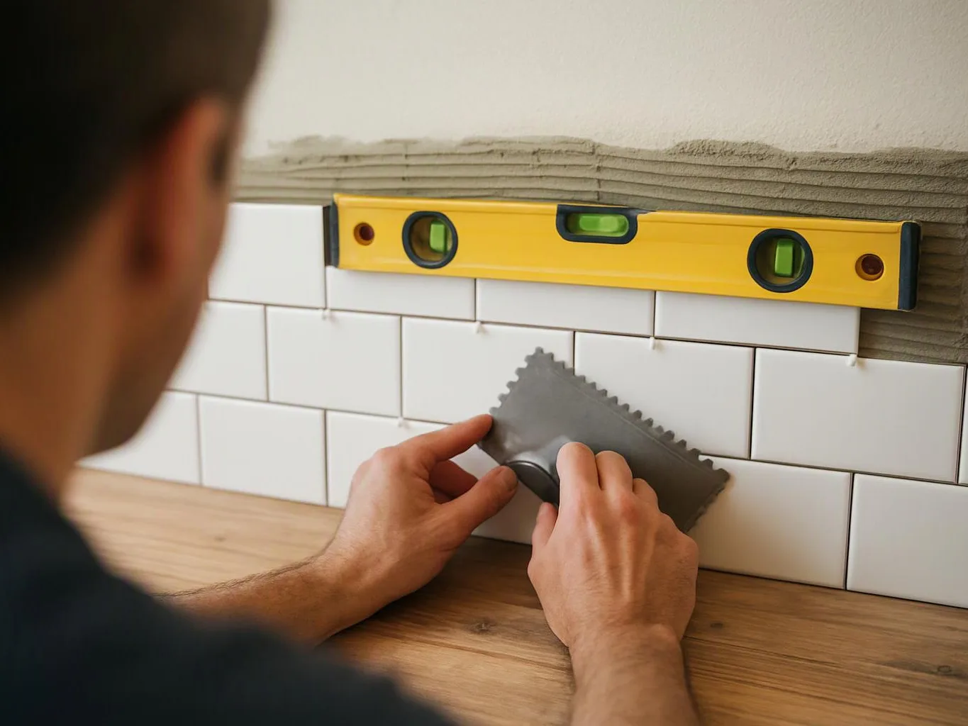 A person spreads gray adhesive on white wall tiles beneath a yellow level on a wooden counter