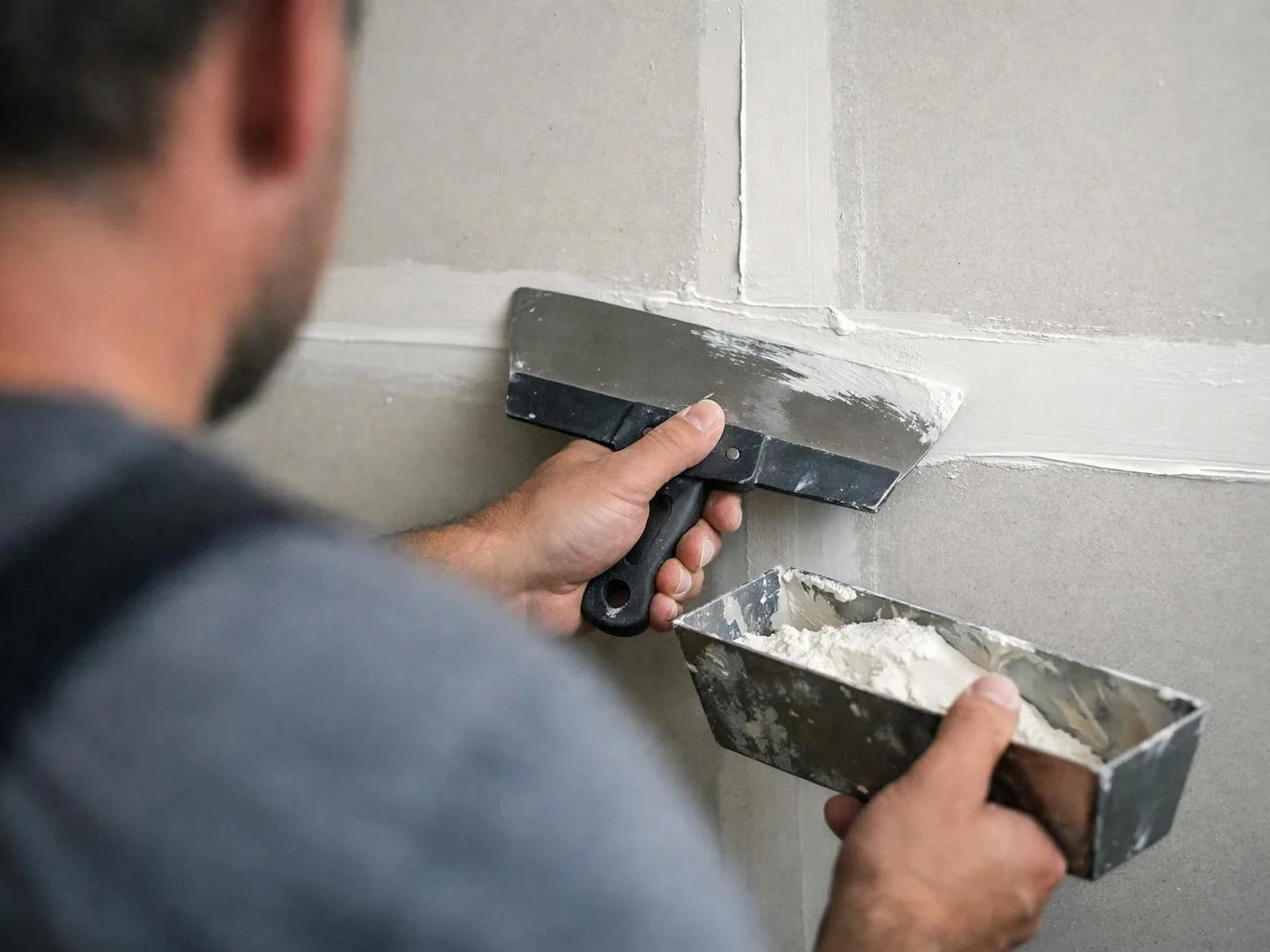 A person spreads white plaster on a gray wall with a wide putty knife and metal tray