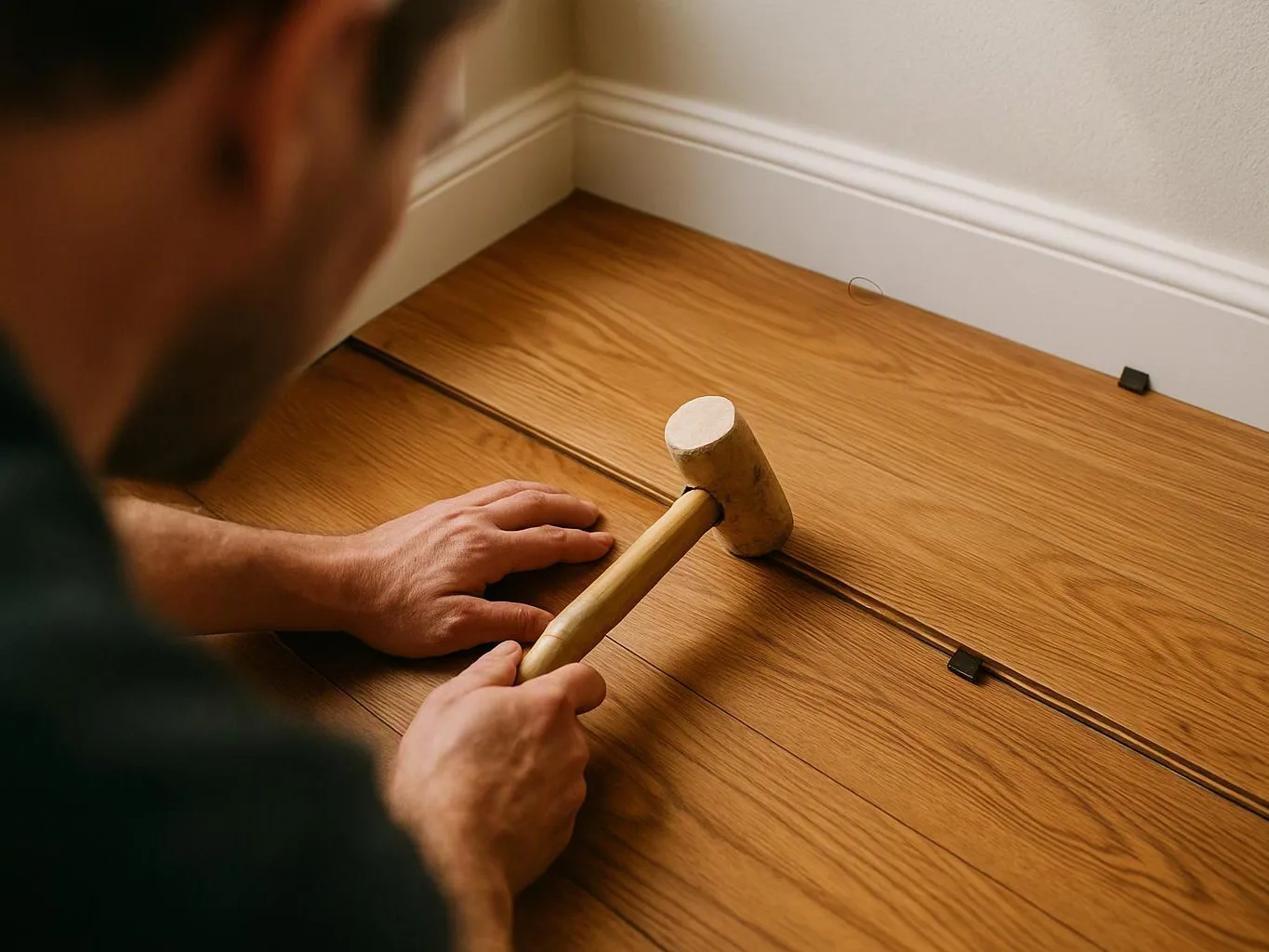 A person uses a wooden mallet to tap a hardwood floor plank into place near a wall
