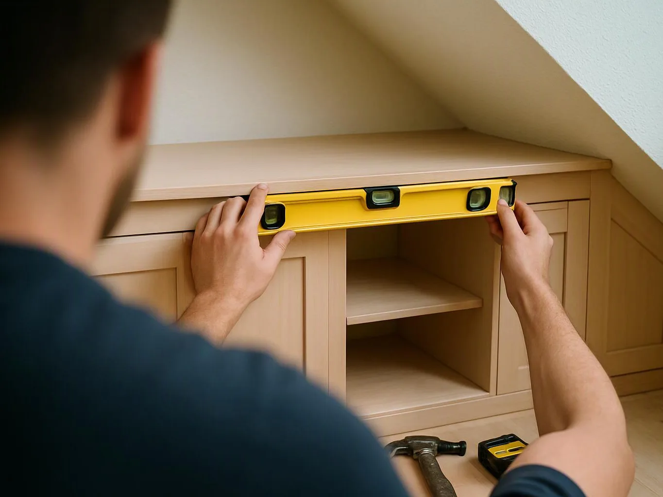 A person uses a yellow spirit level on a wooden cabinet under a sloped ceiling
