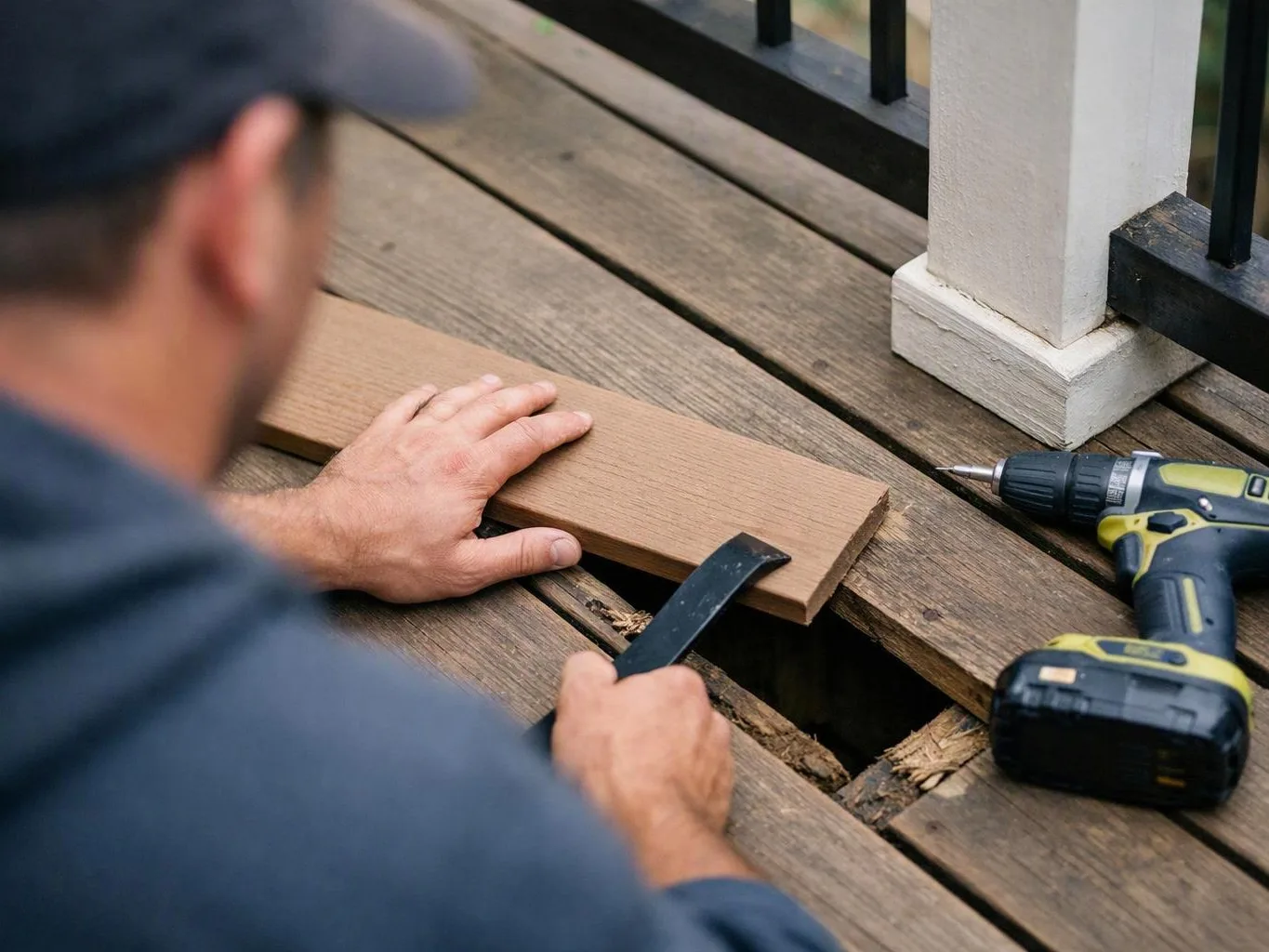 A person on a wooden deck holds a board and works near a drill and exposed gap