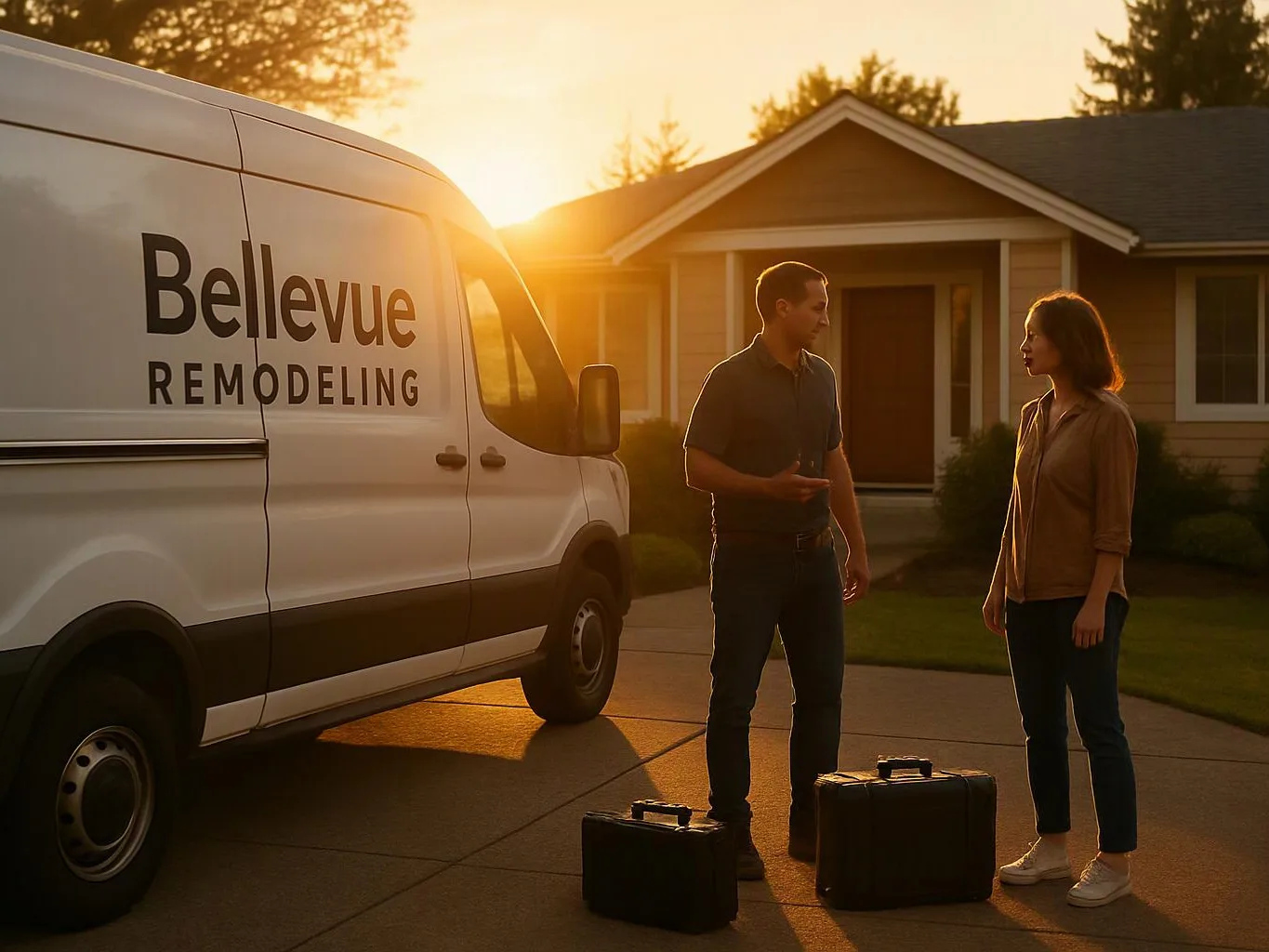A remodeling van and two people stand in a driveway beside a house at sunset