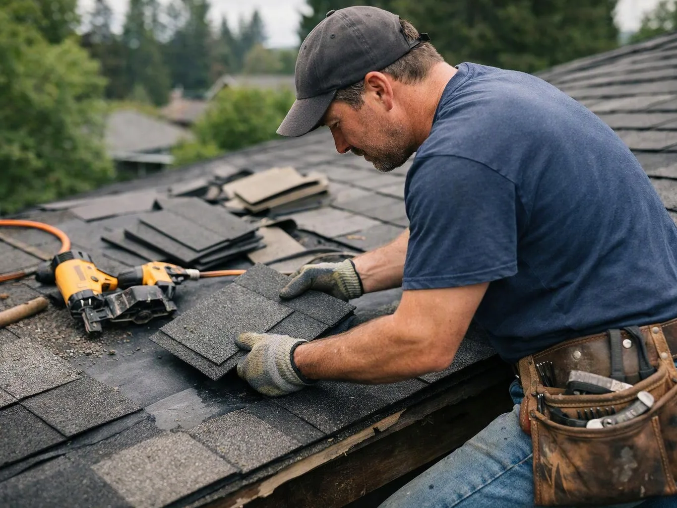 A roofer in gloves fits dark shingles on a sloped roof beside a nail gun