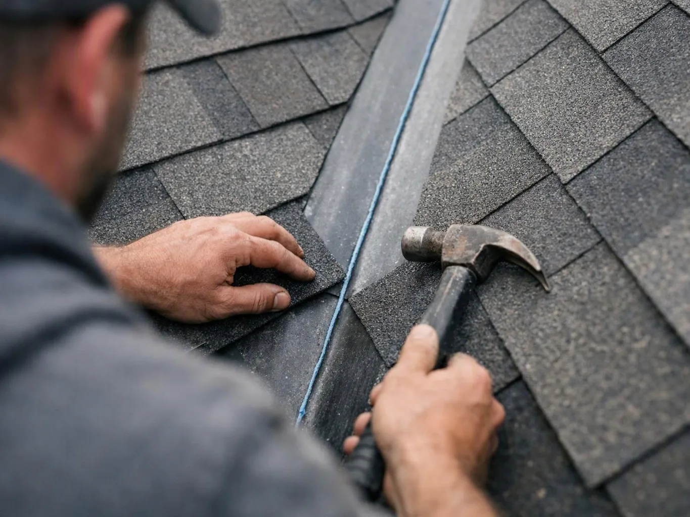 A roofer hammers shingles around a blue chalk line on a sloped roof