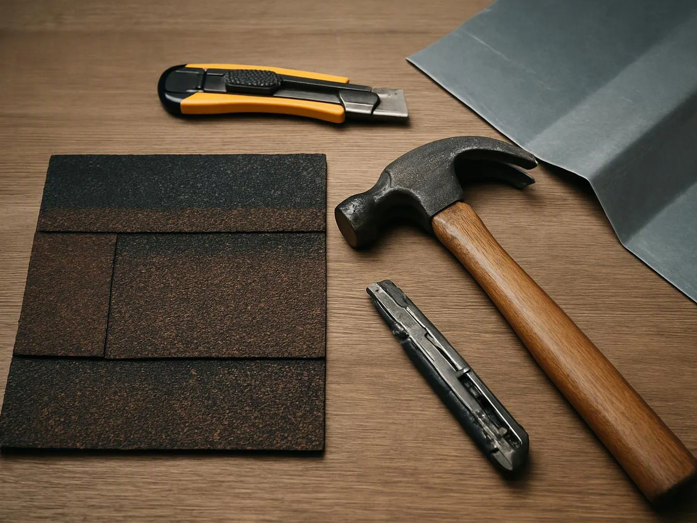 Roofing tools and sample materials lie on a wooden table, including shingles, a hammer, and utility knives