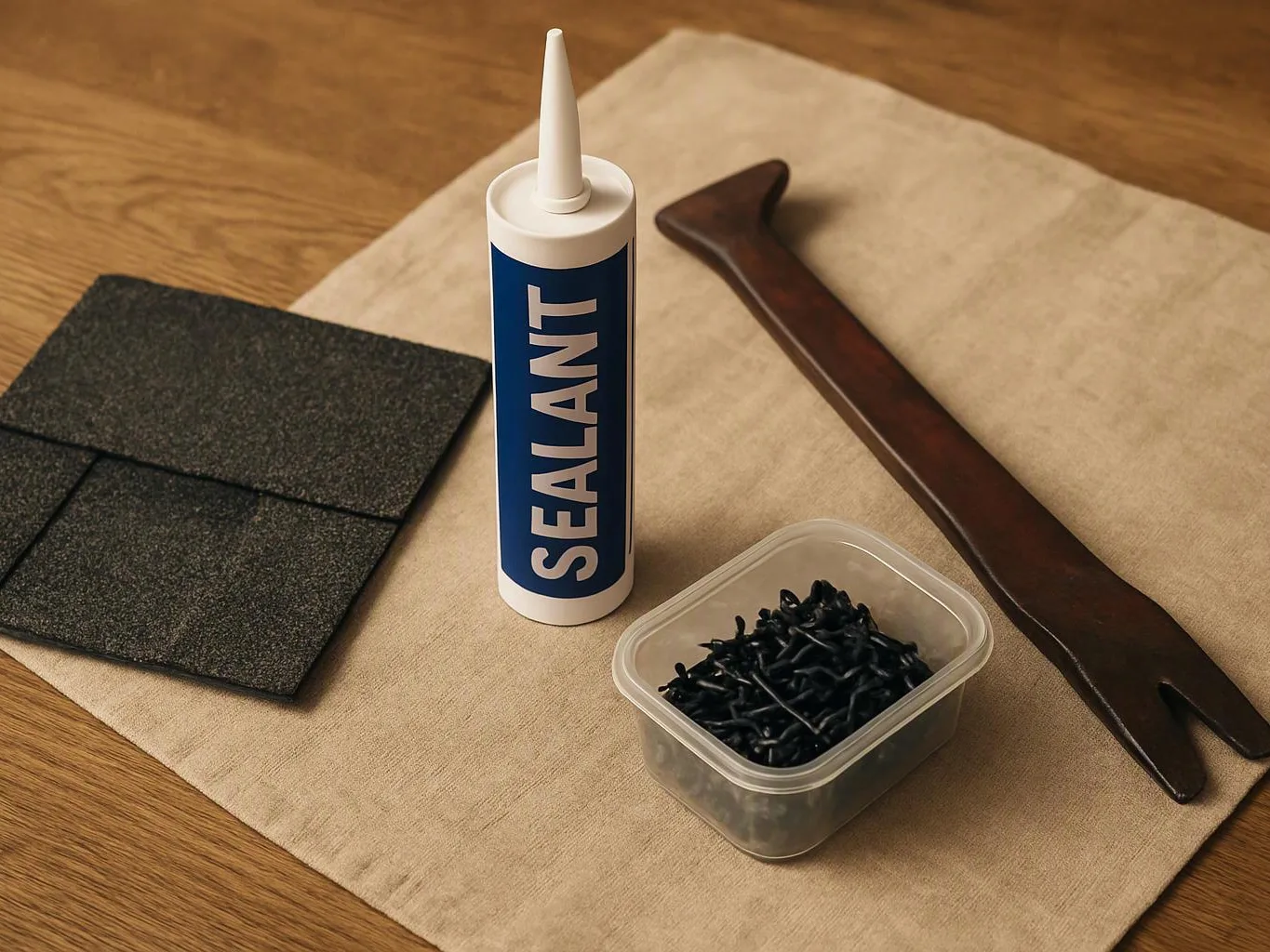 A sealant tube, roofing shingles, black fasteners, and a pry bar sit on a cloth-covered wooden table