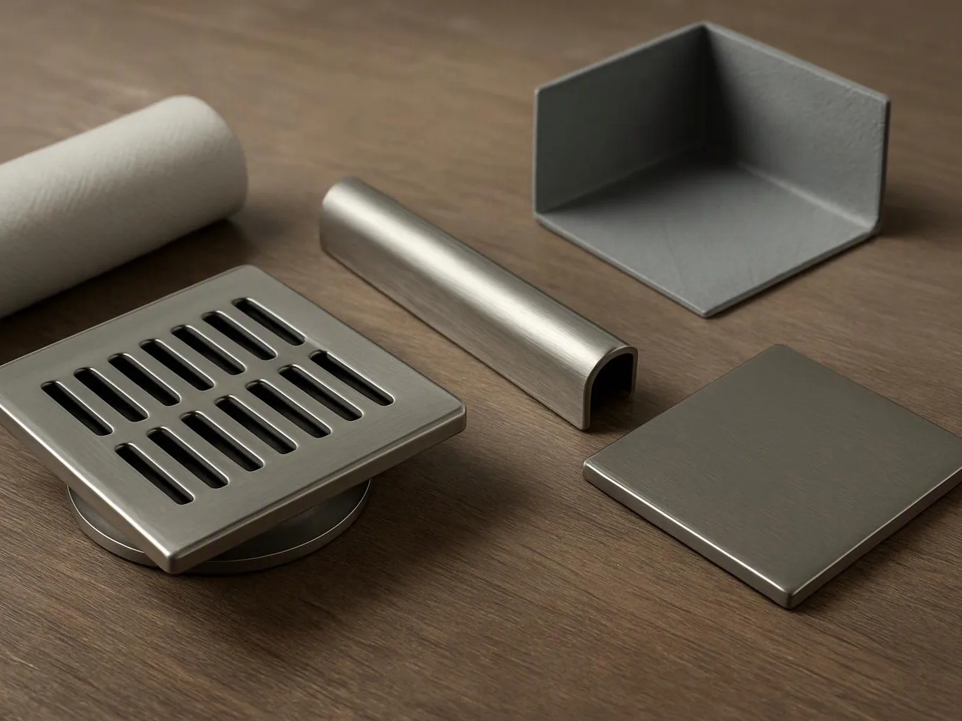 Several brushed metal hardware pieces rest on a wooden surface, including a drain grate, tube, and square cover