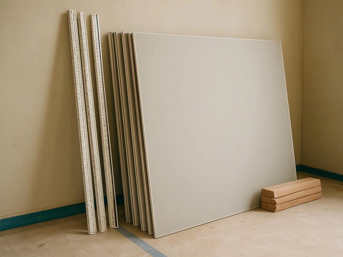 Several white and beige boards lean against a beige wall beside stacked wooden blocks on a bare floor