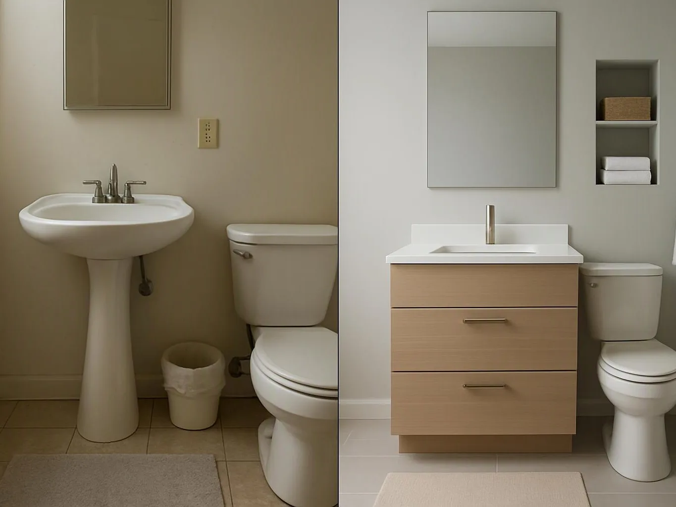 Side-by-side bathroom comparison shows an old pedestal sink and toilet beside a modern vanity, mirror, and toilet