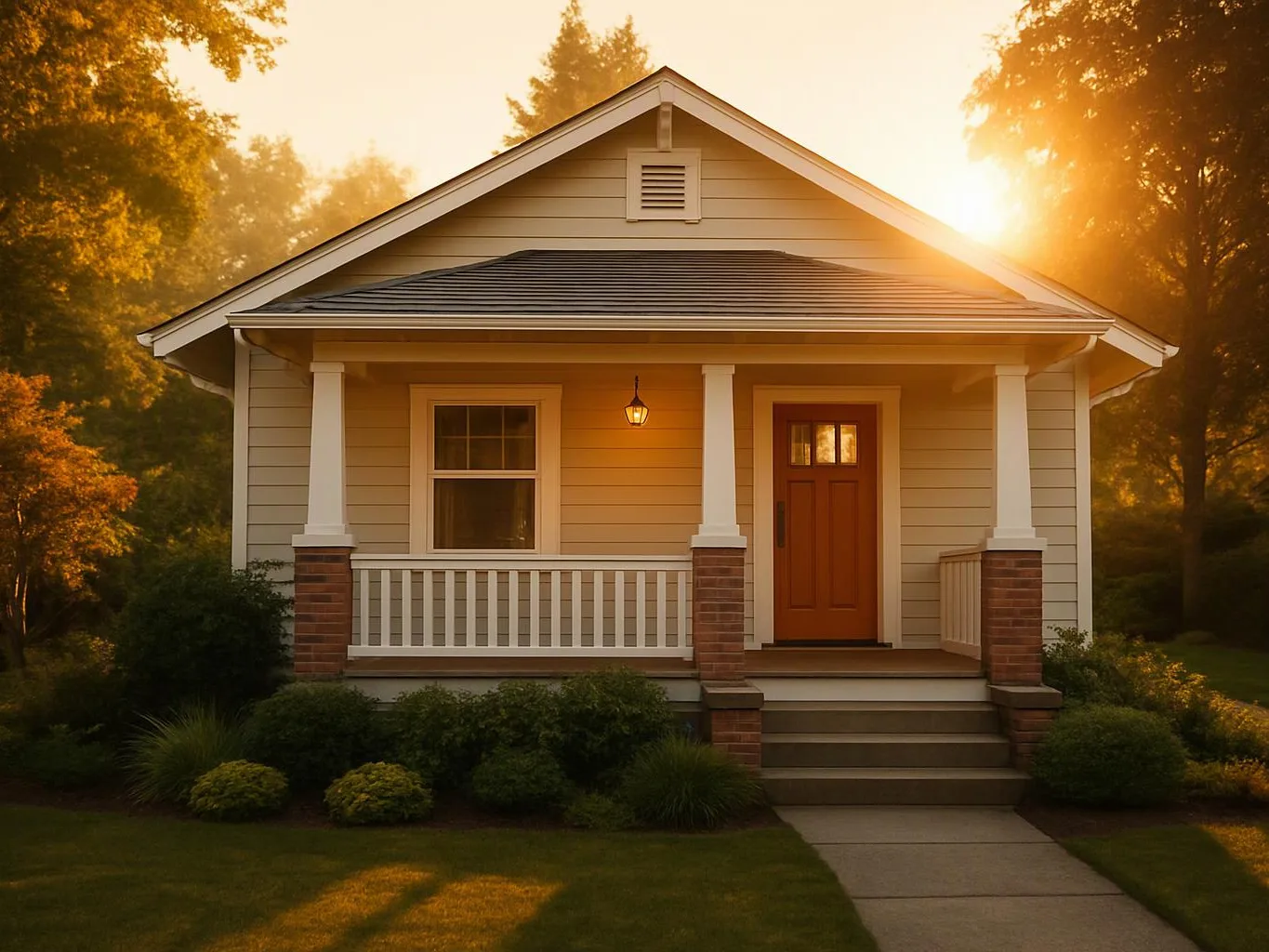 A small beige house with a front porch and steps sits in warm sunset light among trees