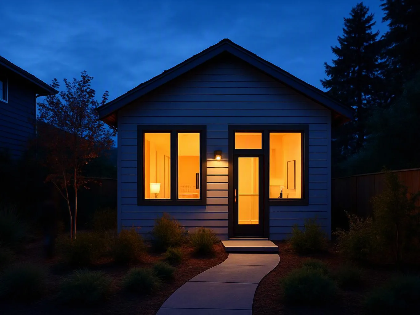 A small house glows warmly at dusk, with lit windows, a front door, and a curved walkway in the yard