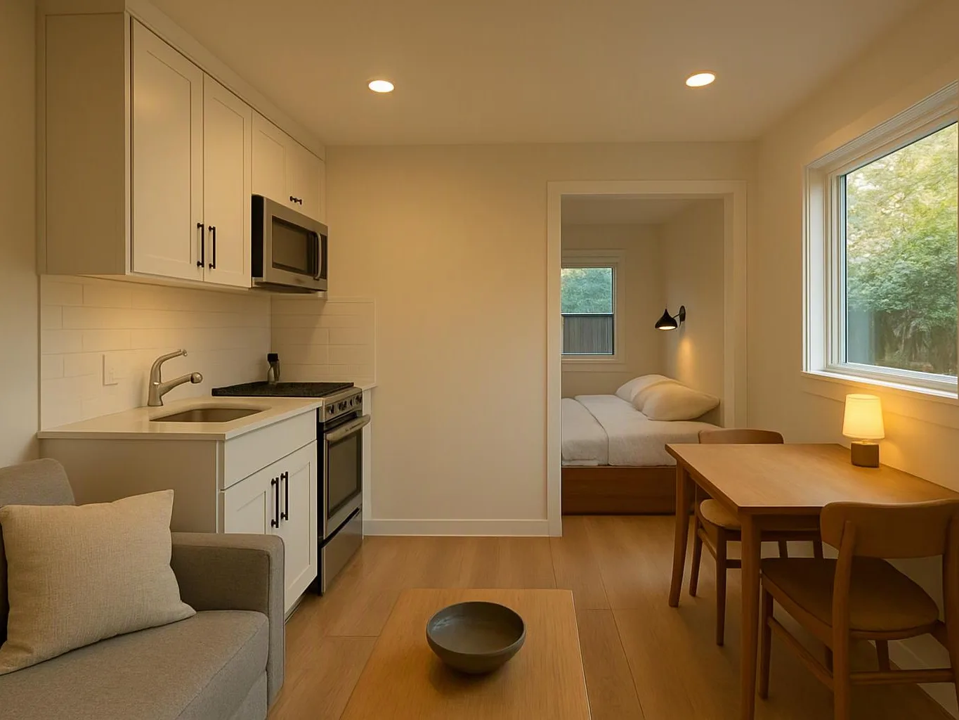 A small modern apartment shows a kitchen, sofa, dining table, and bedroom nook with warm lighting