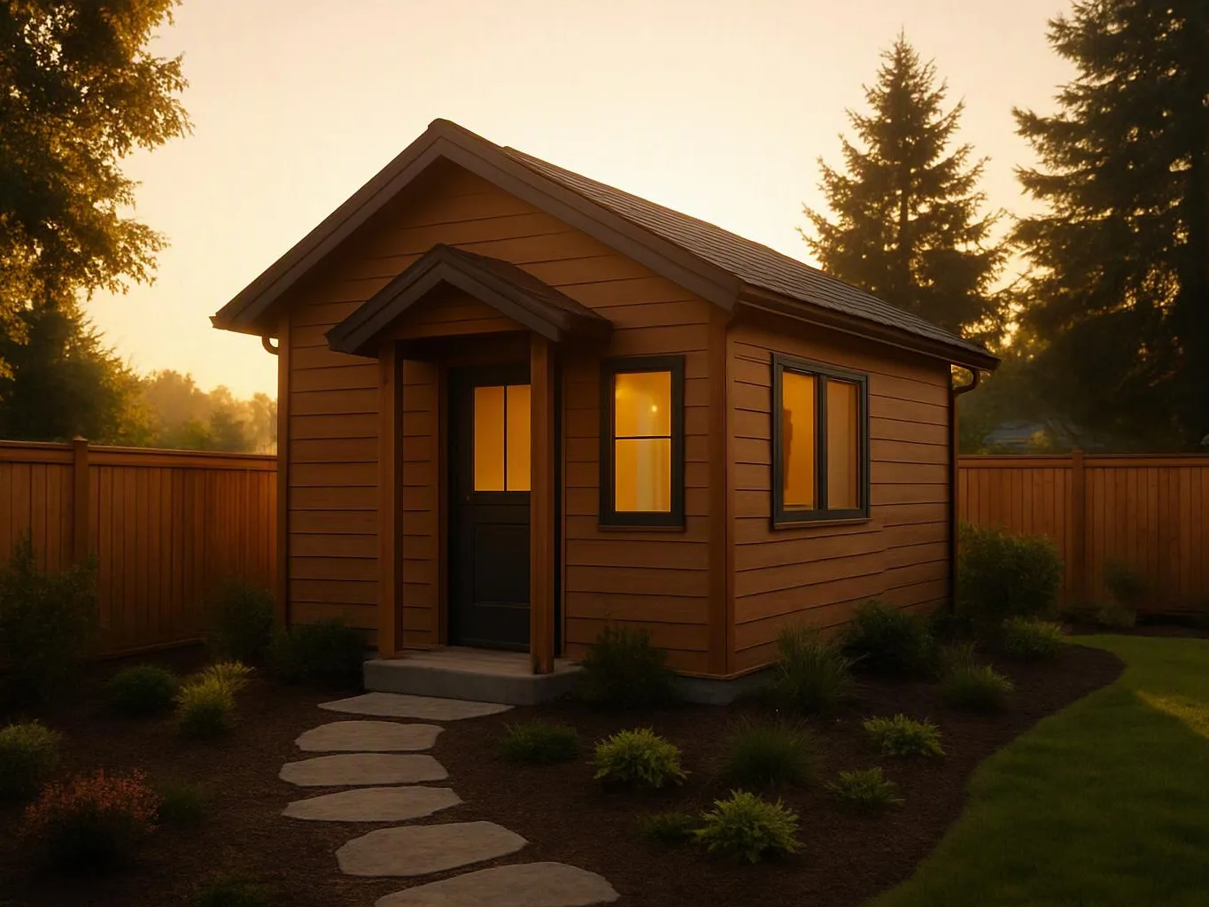 A small wooden cabin stands in a fenced yard with warm windows and a stone path at sunset