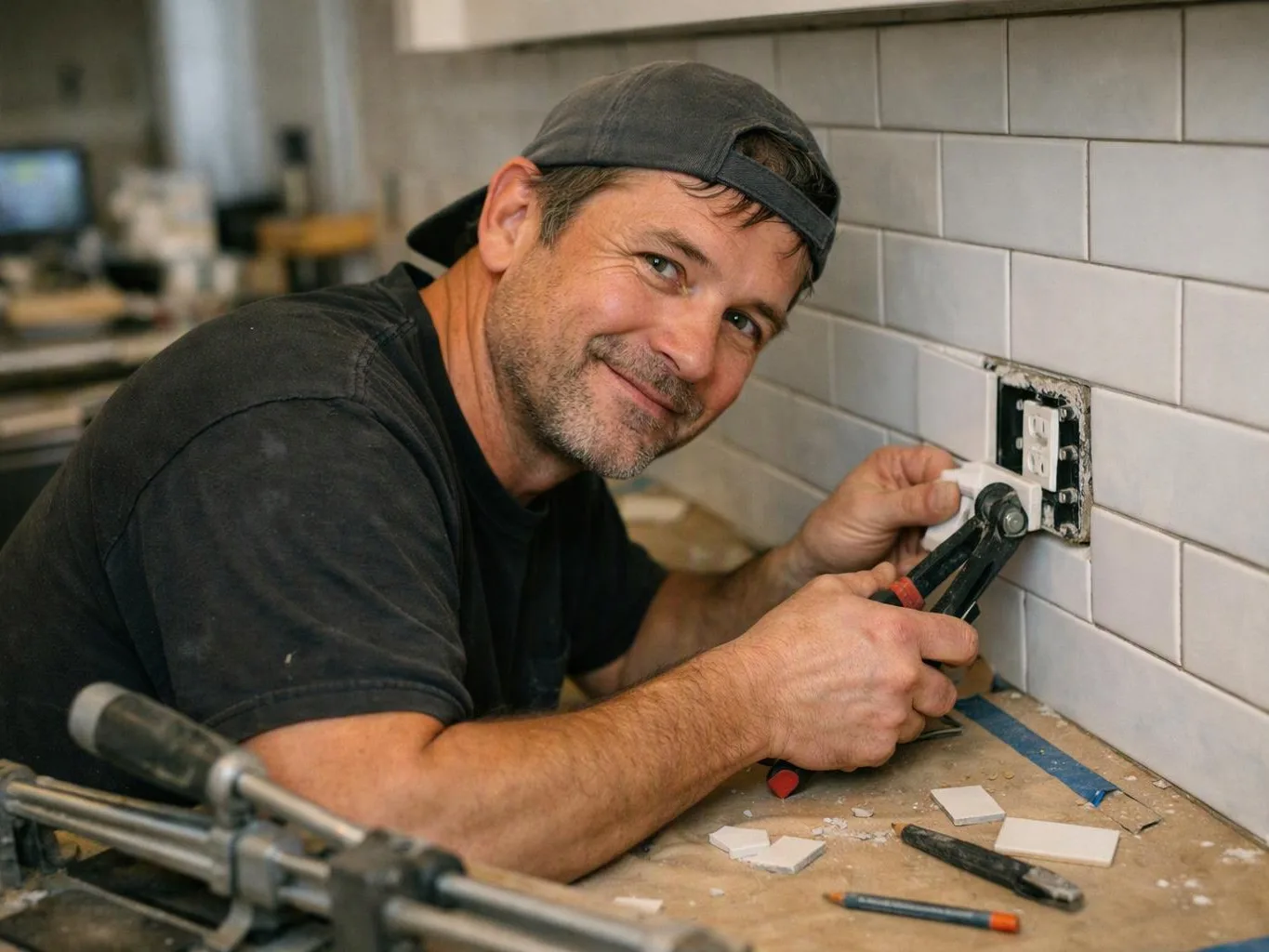A smiling man in a backward cap fits a wall outlet into a tiled kitchen backsplash