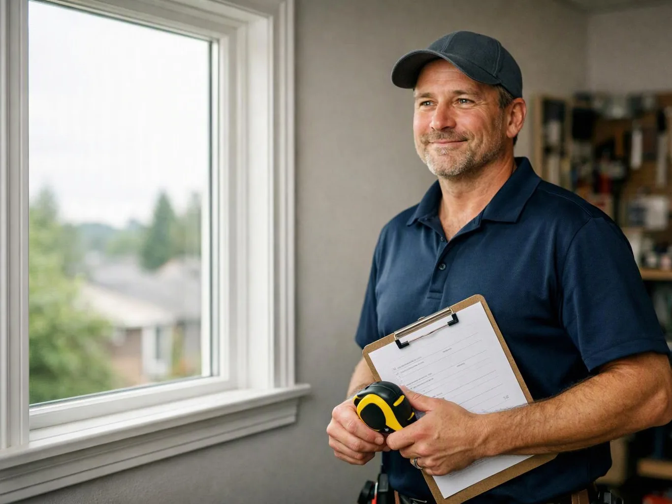 A smiling man in a navy polo and cap holds a clipboard and tape measure beside a window indoors