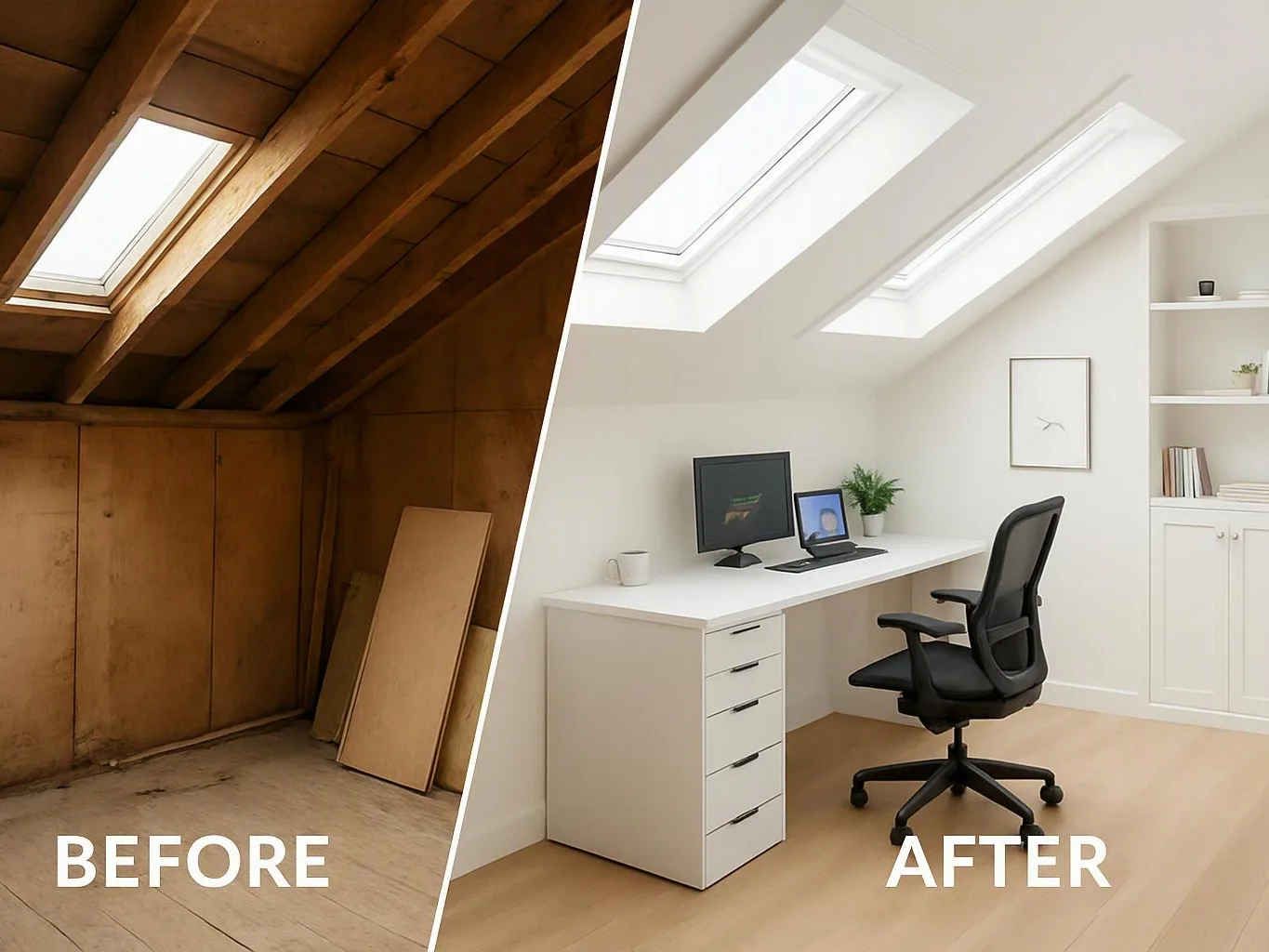 Split before-and-after attic office, showing a bare wooden room beside a bright desk with computer and chair