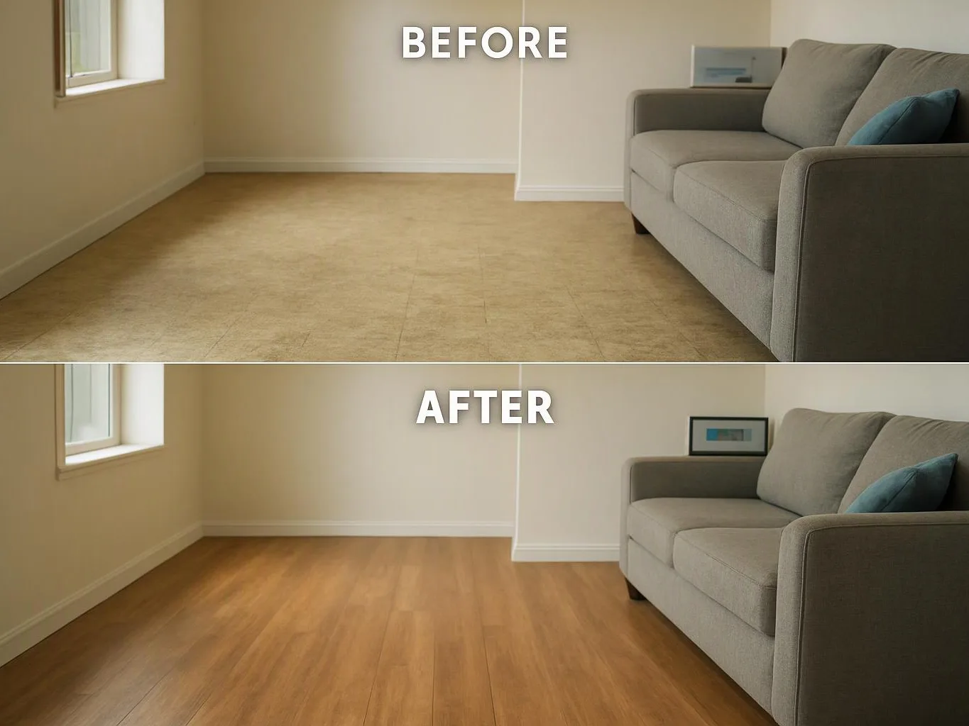 A split before-and-after room shows tan flooring replaced with warm wood beside a gray sofa and window