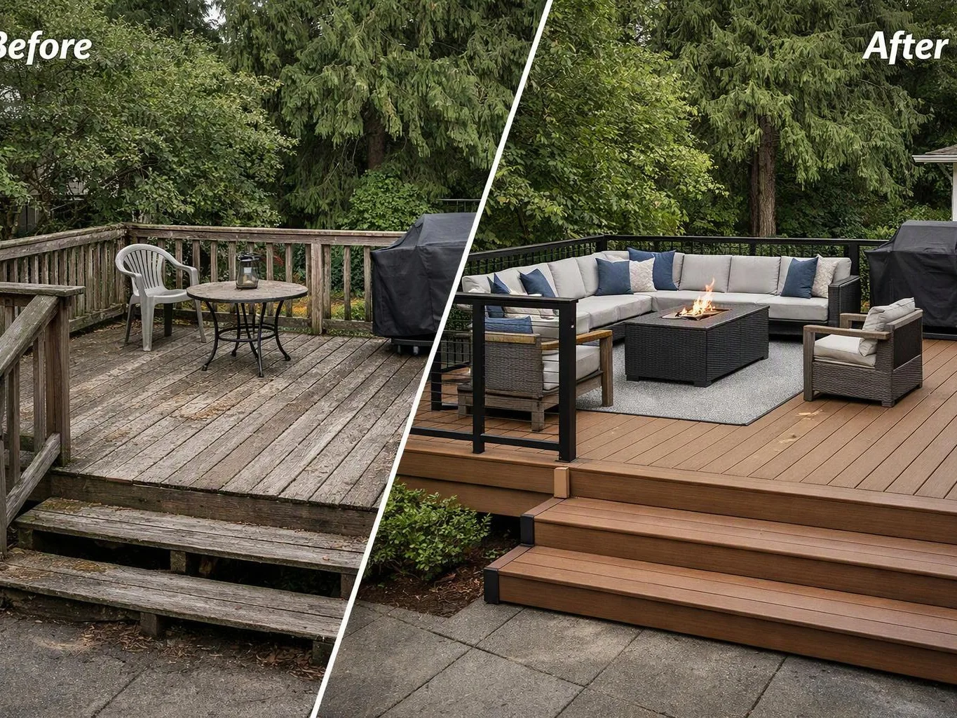 A split before-and-after shows an old wooden deck replaced by a modern outdoor seating area with a fire pit