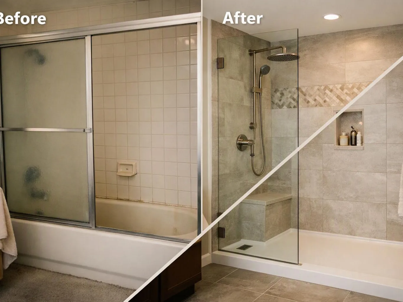 Split before-and-after view of a bathroom tub and shower