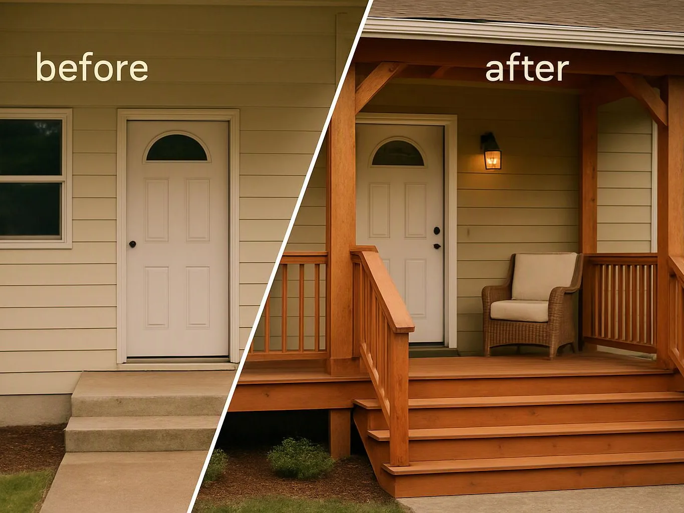 Split before-and-after view of a house entry