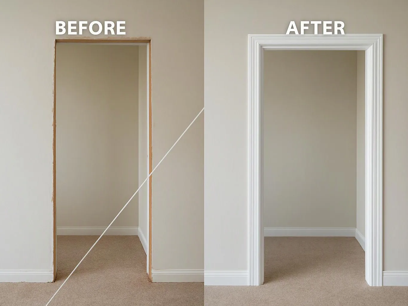 Split before-and-after view shows an unfinished doorway changed into a white trimmed opening in a beige room