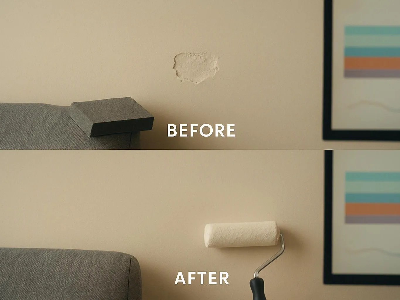 A split before-and-after view shows a wall patch near a couch and a paint roller applying fresh paint