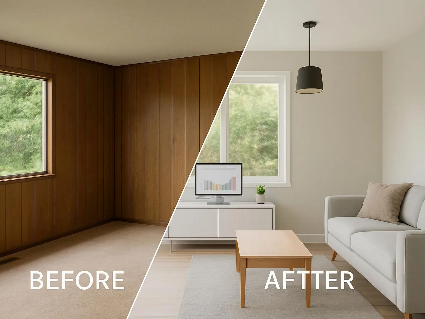 Split before-and-after of a wood-paneled room and a bright modern living room with sofa, table, and window