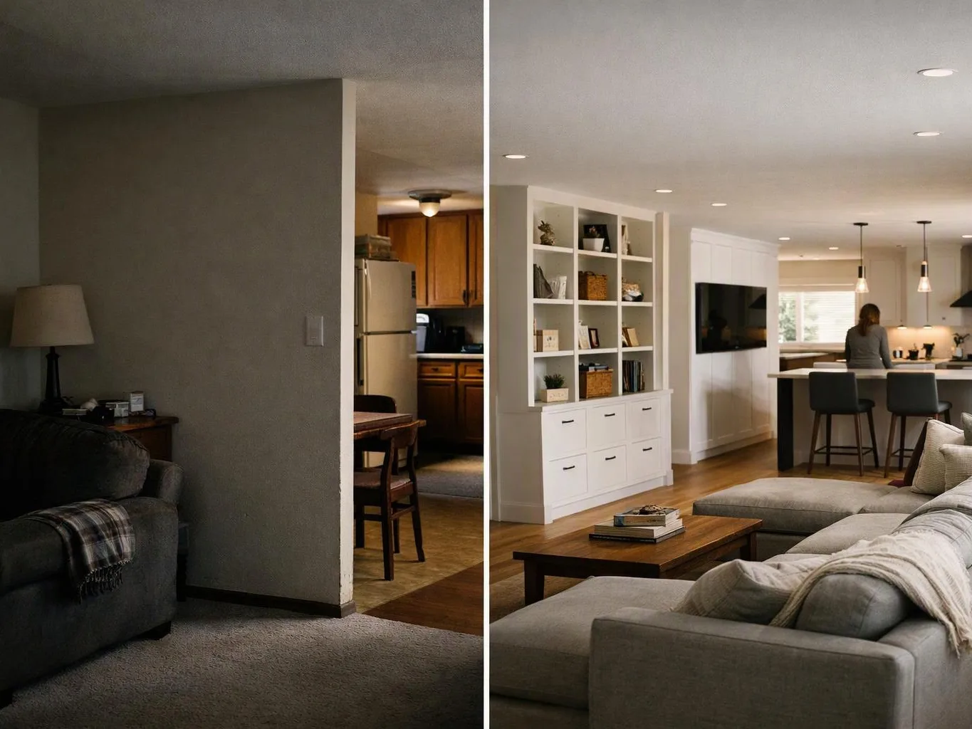 Split image of a dark living room and a bright open-plan living room with kitchen and shelves