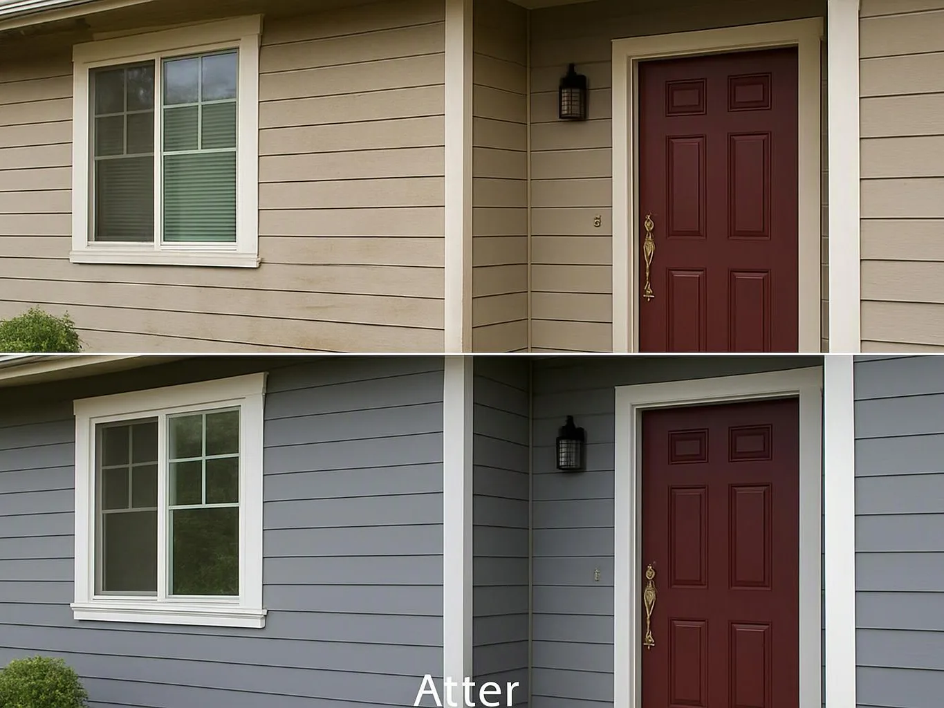 Split image of a house exterior, showing beige siding above and gray siding below