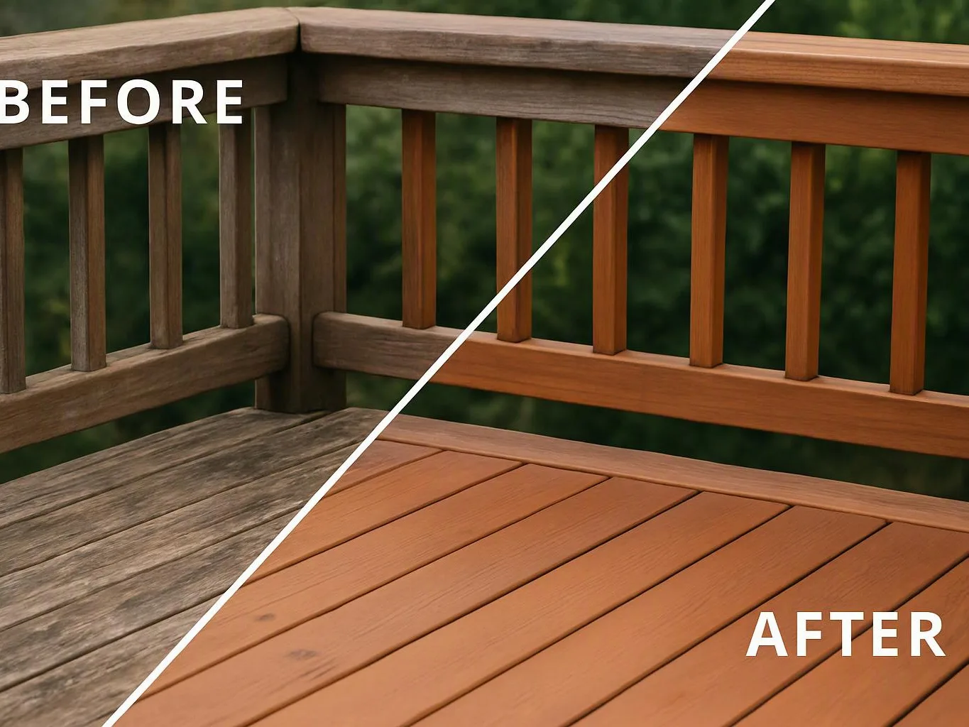 Split image showing a weathered wooden deck railing before and a freshly finished deck after using orange stain