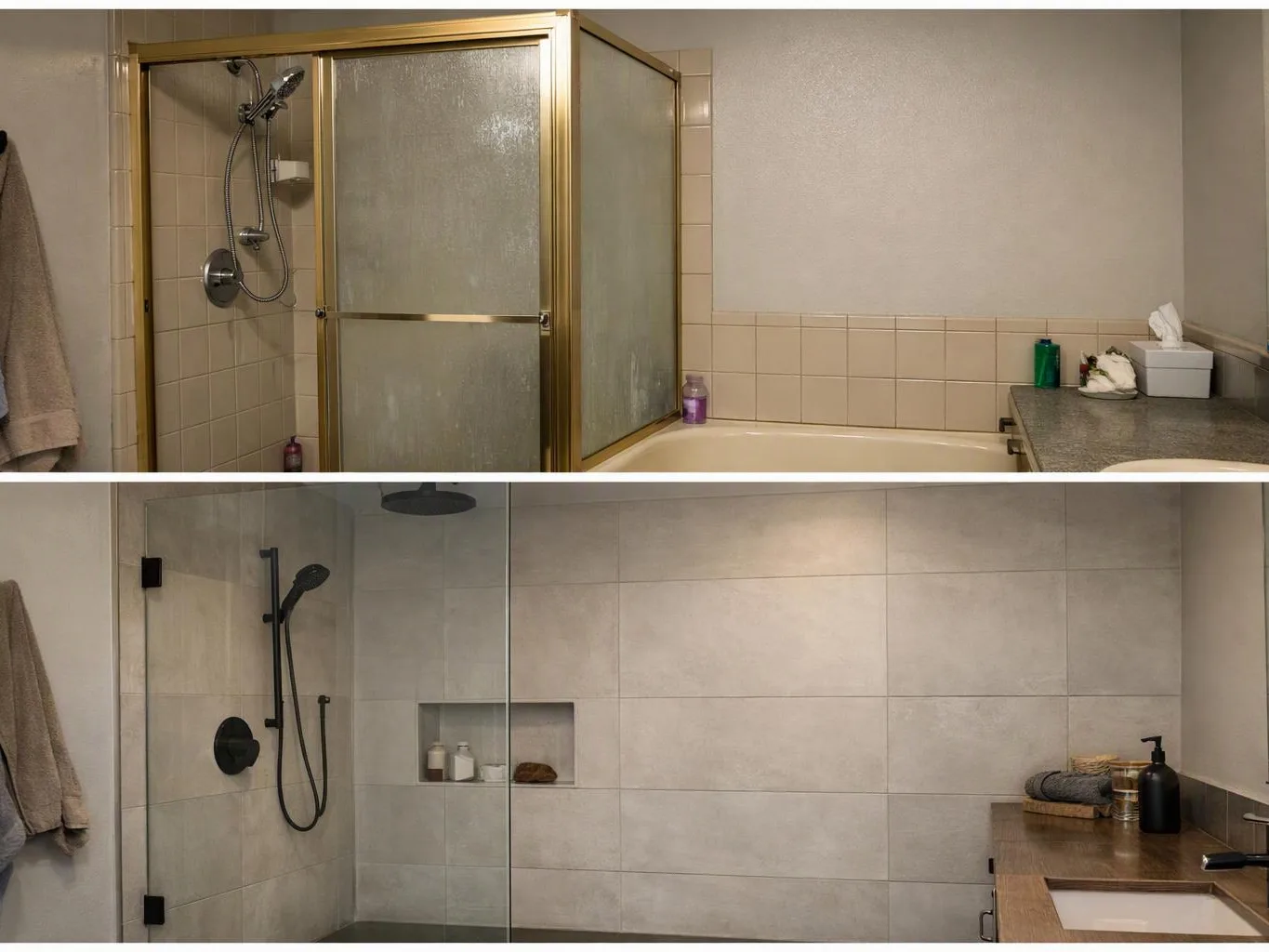 Split image shows a dated shower bathroom above and a modern tiled shower bathroom below