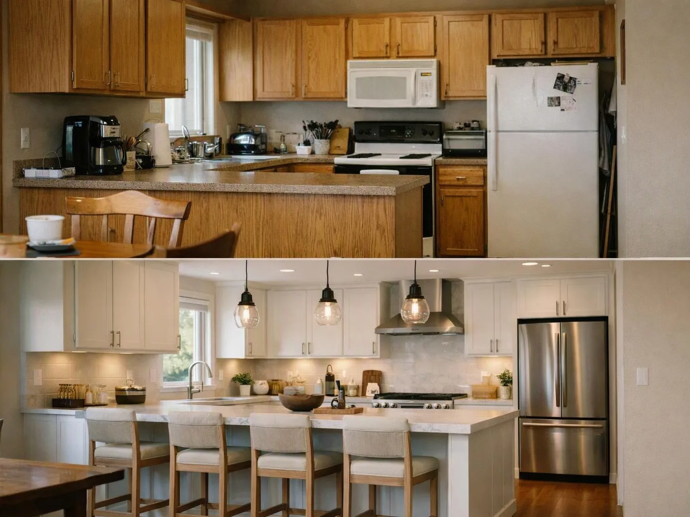 A split image shows an older wood kitchen above and a bright modern kitchen with stools below