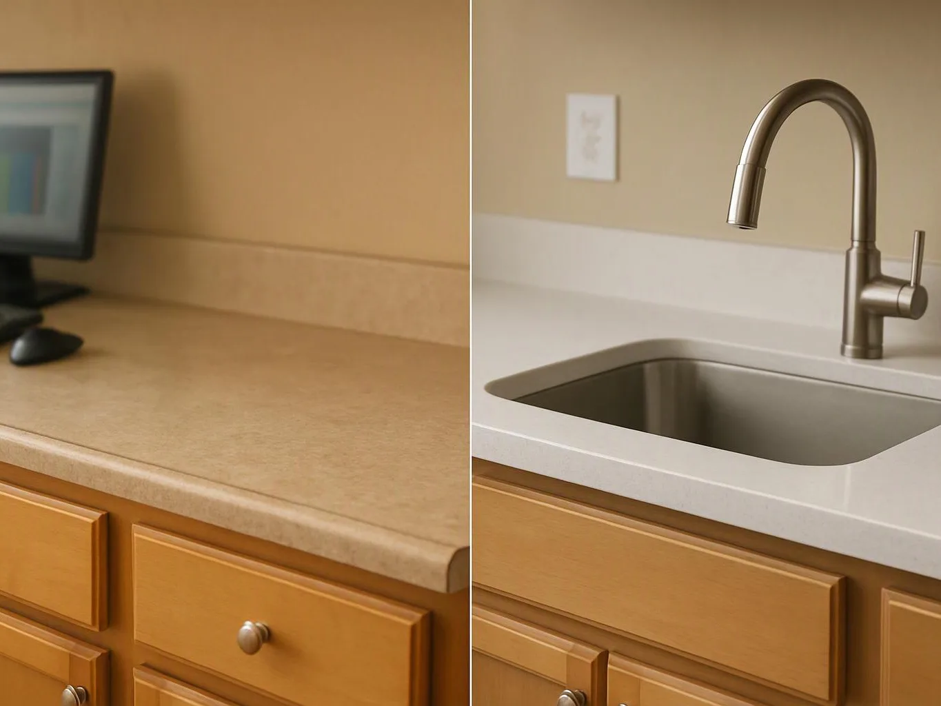 A split image shows a plain counter with a monitor on the left and a sink with faucet on the right
