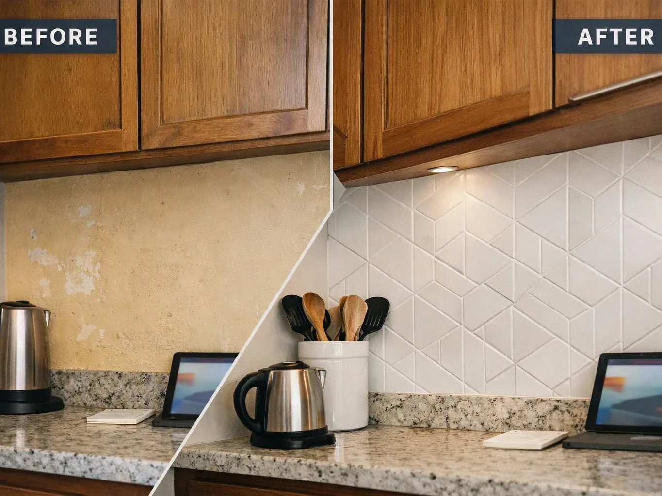 Split kitchen countertop before and after view showing worn backsplash replaced with white geometric tile under wooden cabinets