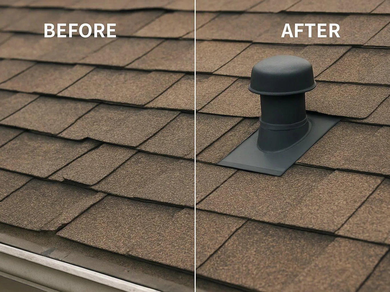 Split roof image showing missing vent on the left and a capped roof vent on the right