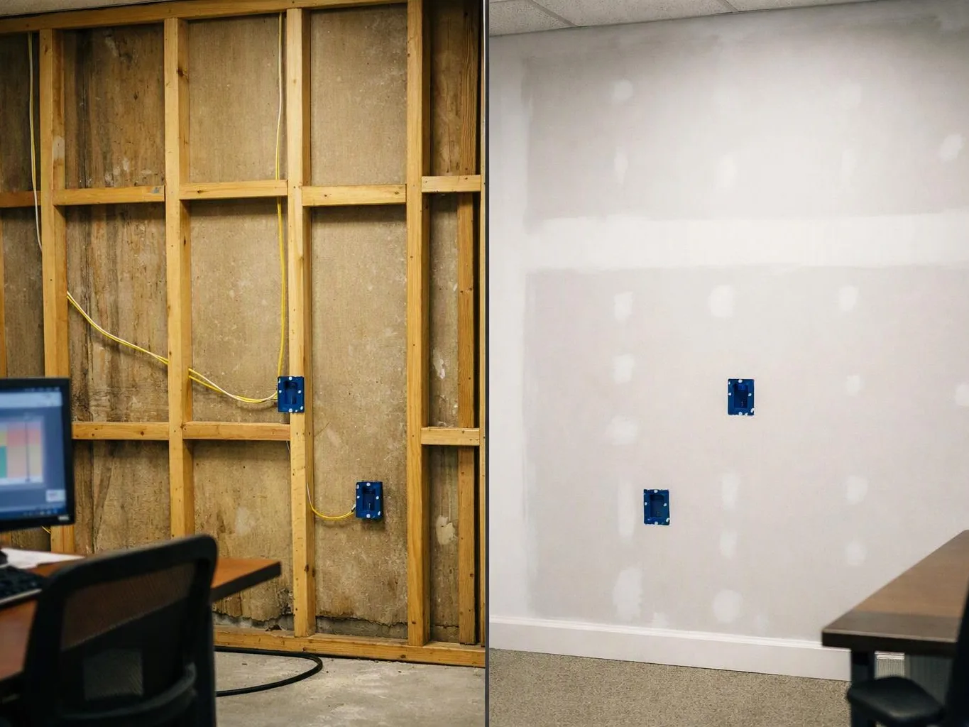 A split room shows exposed wall framing with blue electrical boxes beside a finished white drywall wall with matching boxes