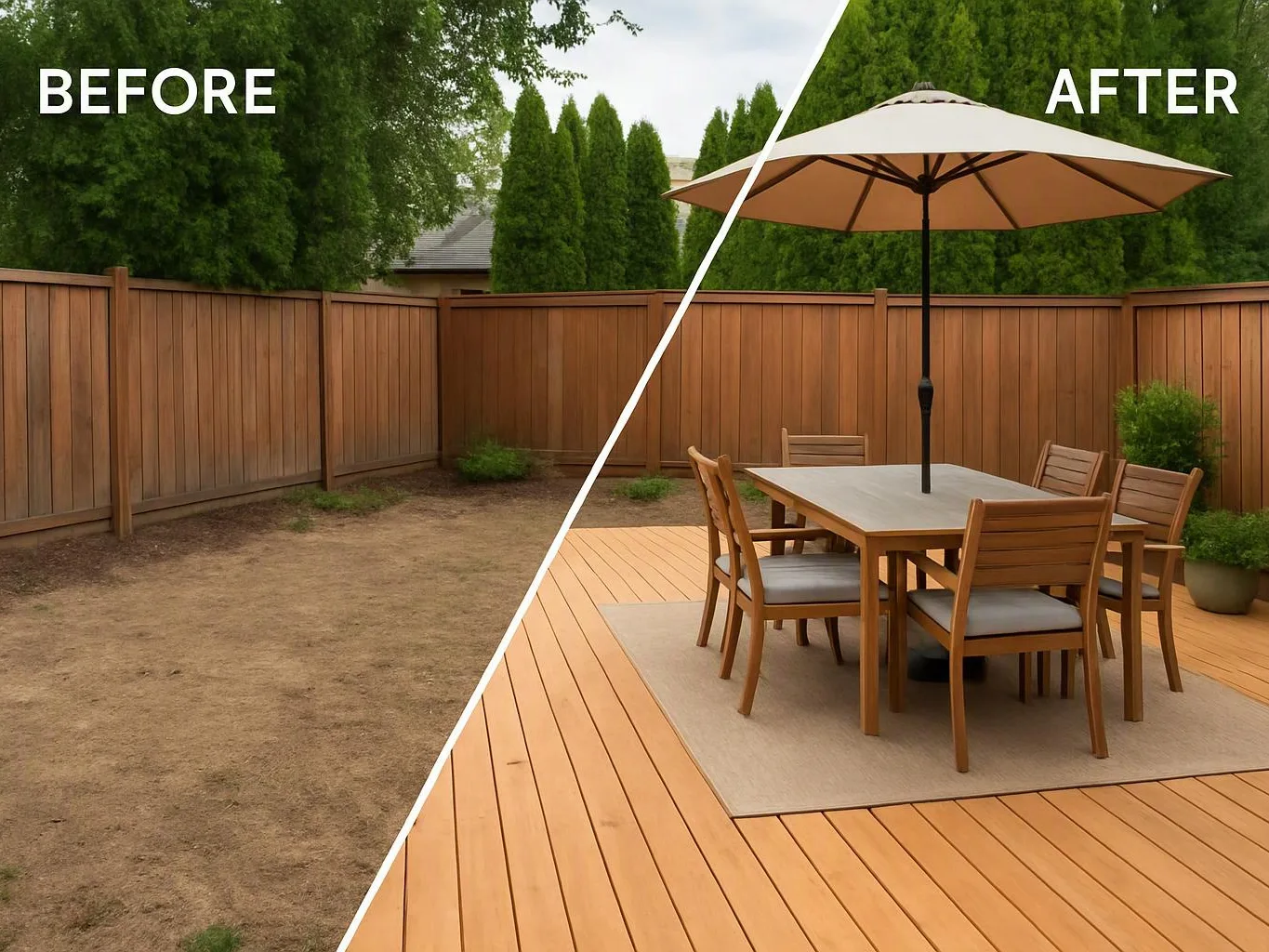 Split-screen backyard before and after, showing bare dirt on one side and a deck with patio table and umbrella on the other