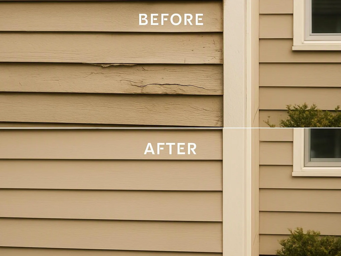 Split view of beige house siding, the top shows cracked boards before and the bottom shows smooth boards after