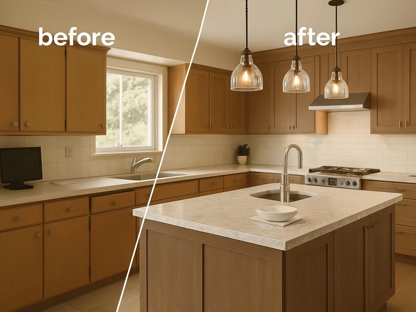 Split view of a kitchen before and after, showing new pendant lights, an island sink, and updated cabinets