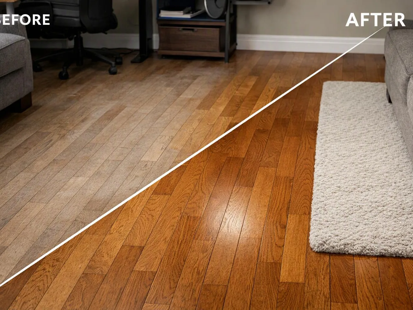 Split view of a living room floor shows dull wood on the left and polished wood with a rug on the right