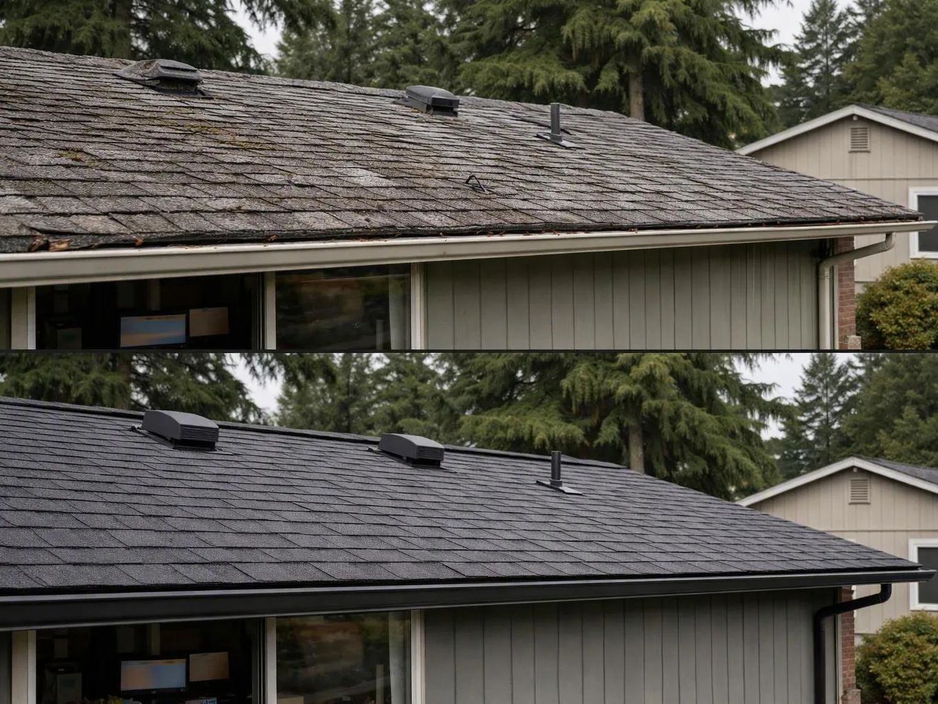 A split view shows a house roof before and after replacement, with trees and a small outbuilding behind it