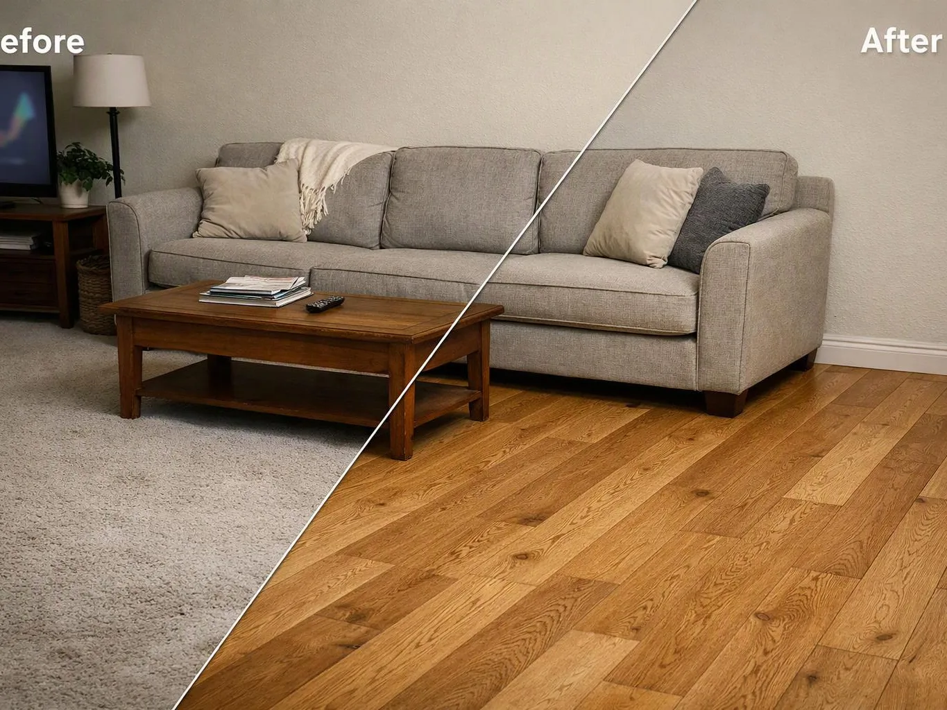 Split view shows a living room before and after, with carpet replaced by hardwood beside a sofa and coffee table
