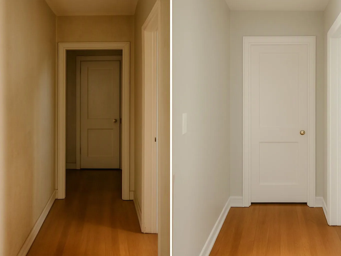 A split view shows two narrow hallways with white doors and wood floors, one dimly lit and one bright