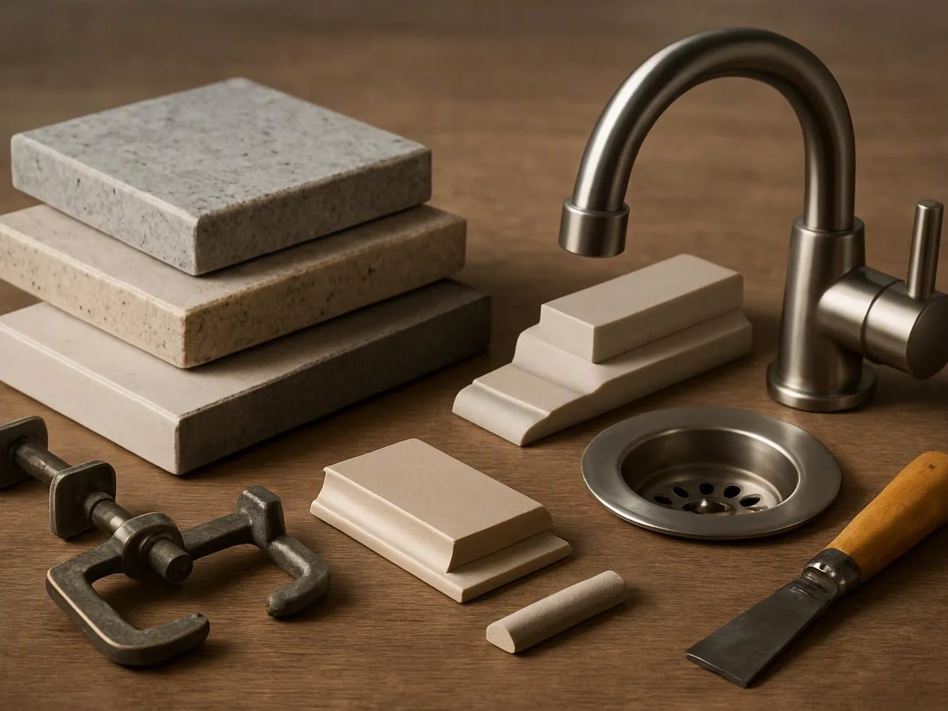 Stacked stone tiles, a metal faucet, sink drain, and hand tools rest on a wooden surface
