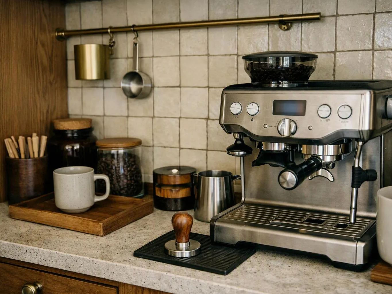 A stainless steel espresso machine sits on a kitchen counter beside mugs, jars, and coffee tools